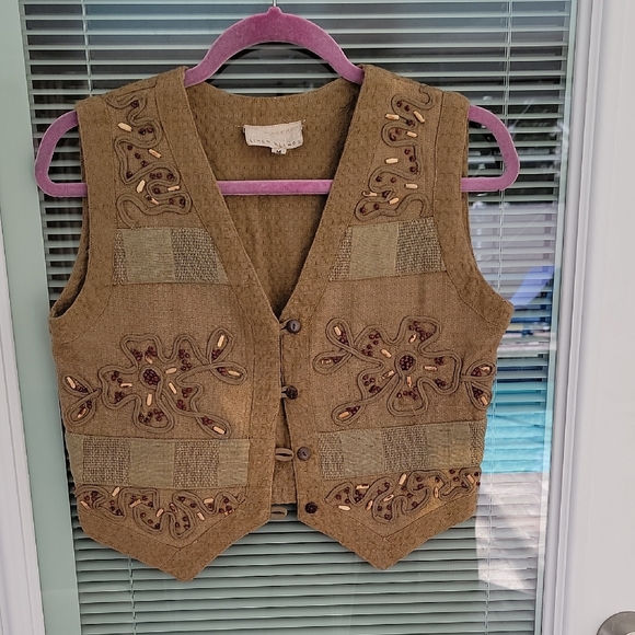 Linen Blends Jackets & Blazers - Vintage Cotton Beaded Embroidered Vest Sz M